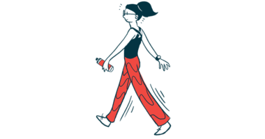 A woman, wearing red pants and a black shirt, walks while carrying a water bottle.