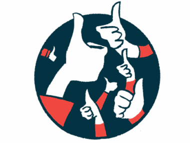 In a circle, several hands flash a thumbs-up sign.