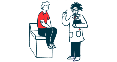 An illustration of a man speaking with his doctor in a clinic.