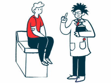 An illustration of a man speaking with his doctor in a clinic.