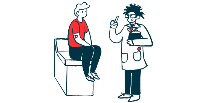 An illustration of a man speaking with his doctor in a clinic.
