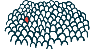 An illustration for a rare disease, showing one red figure in a mass of people.