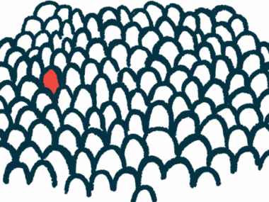 An illustration for a rare disease, showing one red figure in a mass of people.
