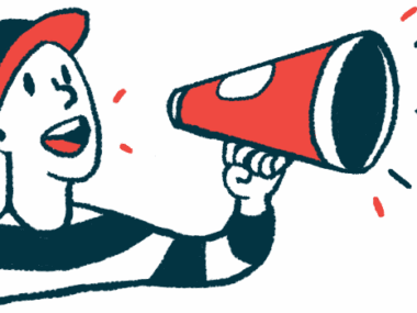 A person wearing a baseball cap uses a megaphone to make an announcement.