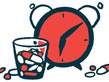 An illustration of an alarm clock beside a cup of medical pills.