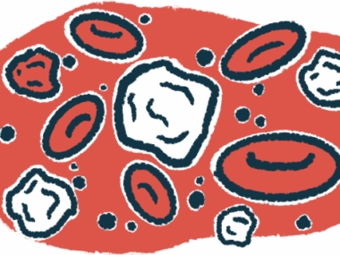 White blood cells are shown amid red blood cells in a close-up illustration.