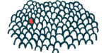 A red figure stands out in a crowd of white silhouettes.