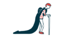 A man is shown walking with a cane and burdened a presence, representing fatigue and depression, weighing on him.