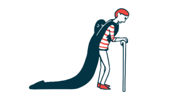 A man is shown walking with a cane and burdened a presence, representing fatigue and depression, weighing on him.