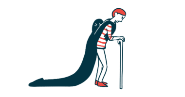 A man is shown walking with a cane and burdened a presence, representing fatigue and depression, weighing on him.