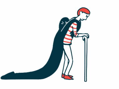 A man is shown walking with a cane and burdened a presence, representing fatigue and depression, weighing on him.