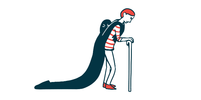 A man is shown walking with a cane and burdened a presence, representing fatigue and depression, weighing on him.