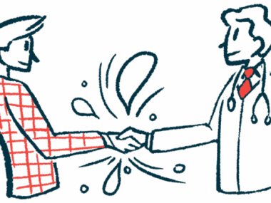 Two people are shown shaking hands in this illustration.