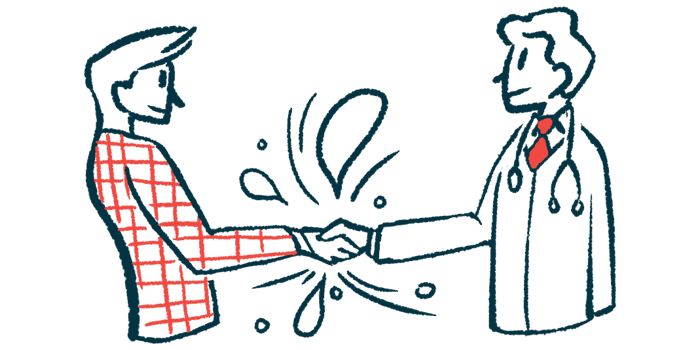 Two people are shown shaking hands in this illustration.