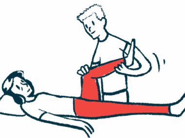 A physical therapist stands while stretching the leg of a person who is lying down.