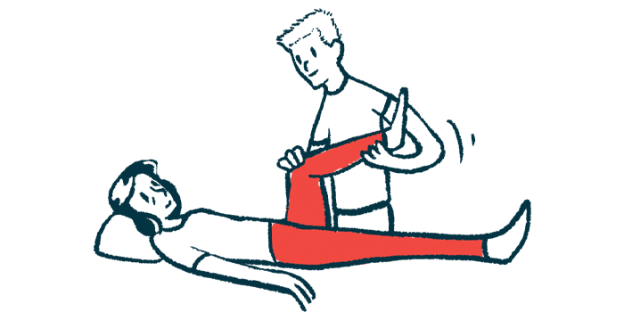 A physical therapist stands while stretching the leg of a person who is lying down.