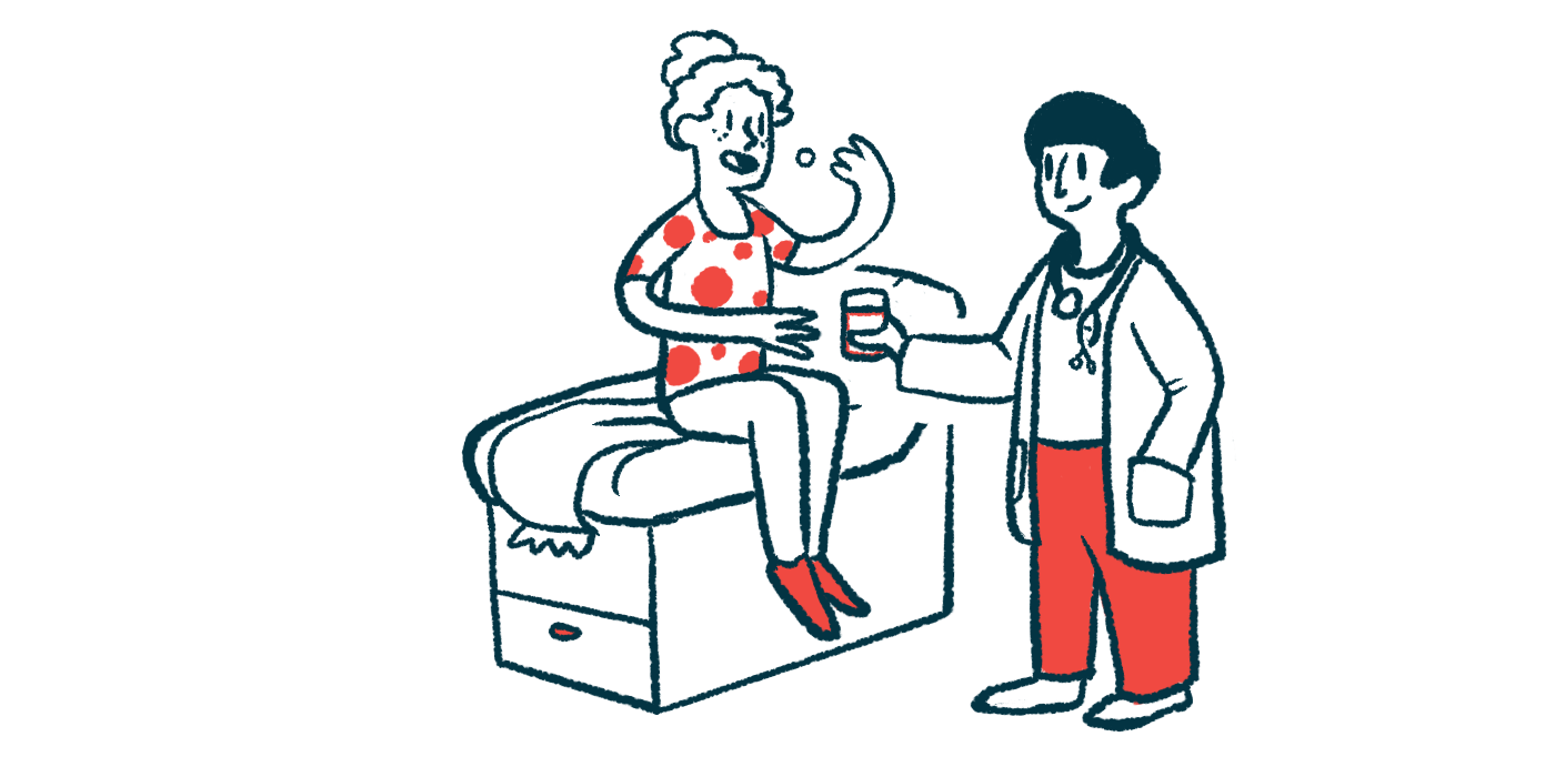 A woman sits on an exam table and takes medicine as a doctor stands next to her holding a cup of water.