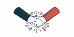 Two hands are seen clasped together in a handshake.