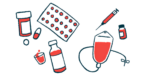 A host of different medication types, from pills and capsules to an intravenous medication bag, are pictured.