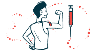 A giant shot is seen alongside a person shown from behind flexing an arm with a bandage on the bicep.