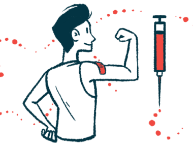 A giant shot is seen alongside a person shown from behind flexing an arm with a bandage on the bicep.